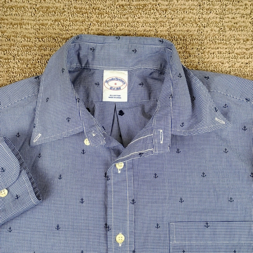 Brooks Brothers Anchor Print Shirt Mens Small Blue Gingham Nautical Button Down